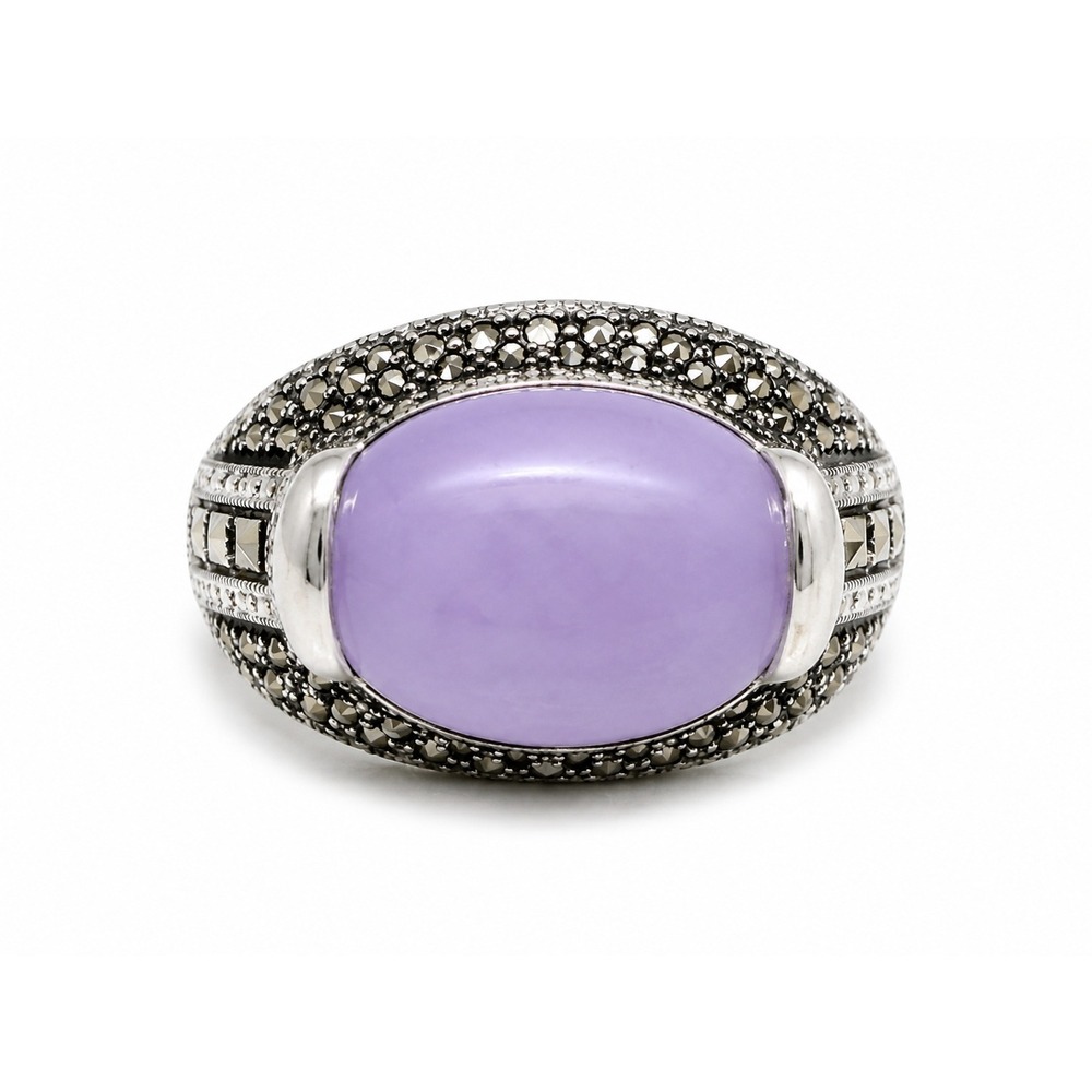 Vintage inspired 925 SS Lavender Chalcedony Style Cabochon Marcasite Ring